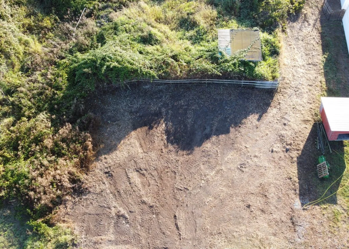 Aerial view of an agricultural area with cleared land, dense vegetation, and a small building.